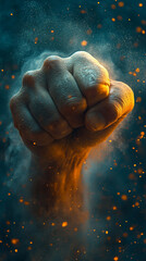 A powerful fist punches through a wall in dynamic motion, creating a hole with dust and debris flying mid-air. The motion blur and impact capture strength, anger, and unstoppable force in action.

