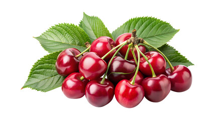 Ripe and Juicy Red Cherries with Green Leaves on White Background