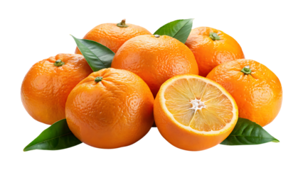 Delicious tangerines with green leaves on transparent background showcasing their vibrant color