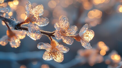 Icy blossoms on a branch, illuminated by warm light, creating a magical winter scene