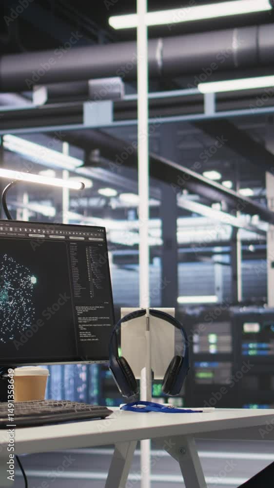 Poster vertical video data center pc screens displays monitoring backend infrastructure performance used in
