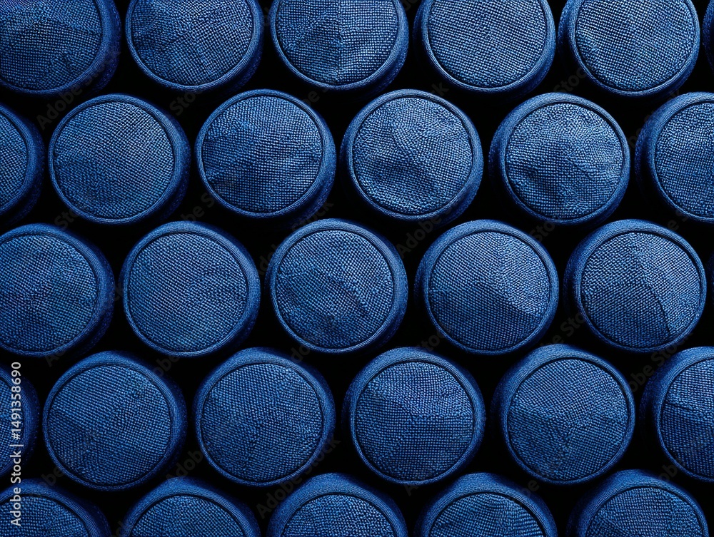 Poster close-up view of many round dark blue objects.