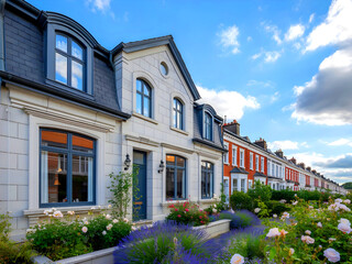 UK house with flowery garden on a sunny day.