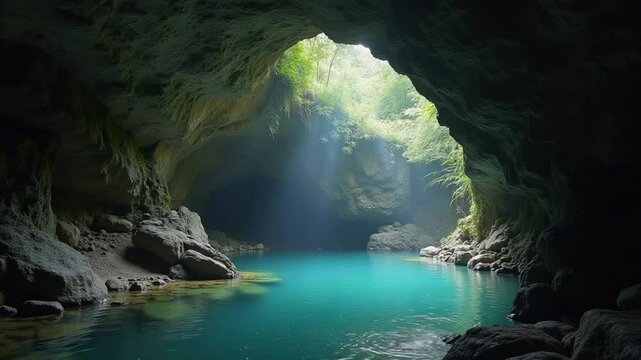 Subterranean Cave Filled With Rocks and Water