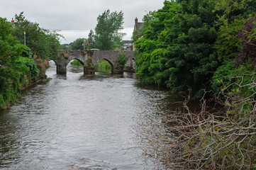 A bridge spans a river with a green forest on either side