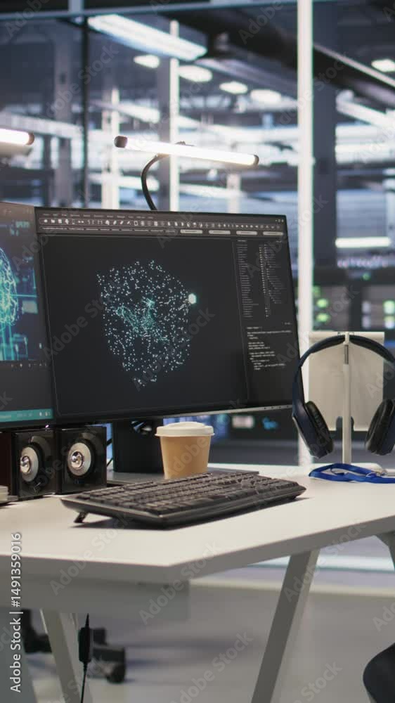 Poster vertical video data center workstation equipped with machine learning software visualizing deep lear