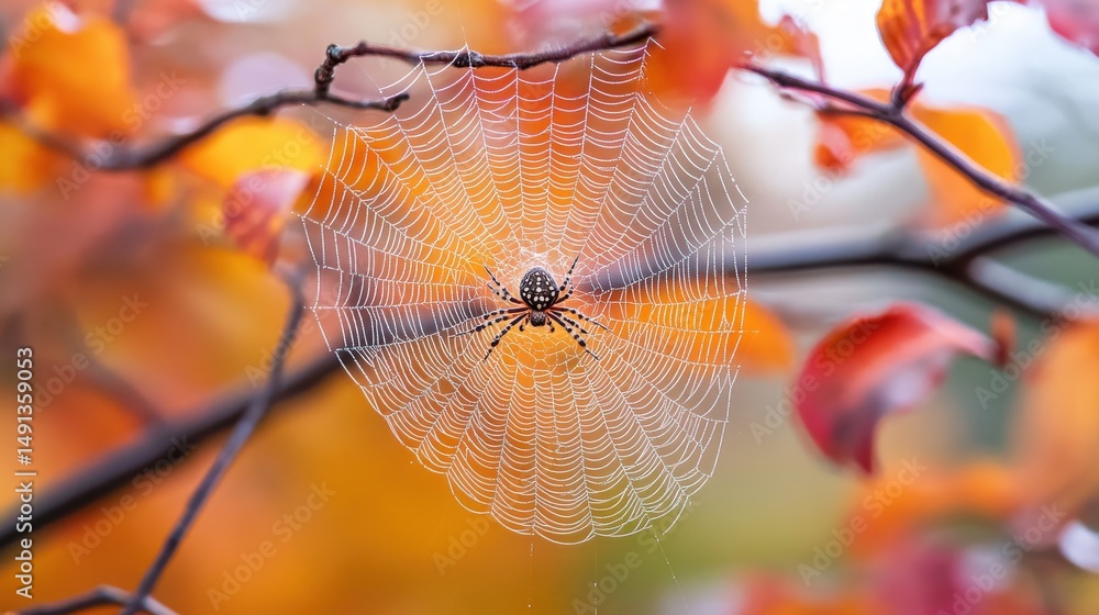 Poster autumnal spiderweb with orb weaver in focus.