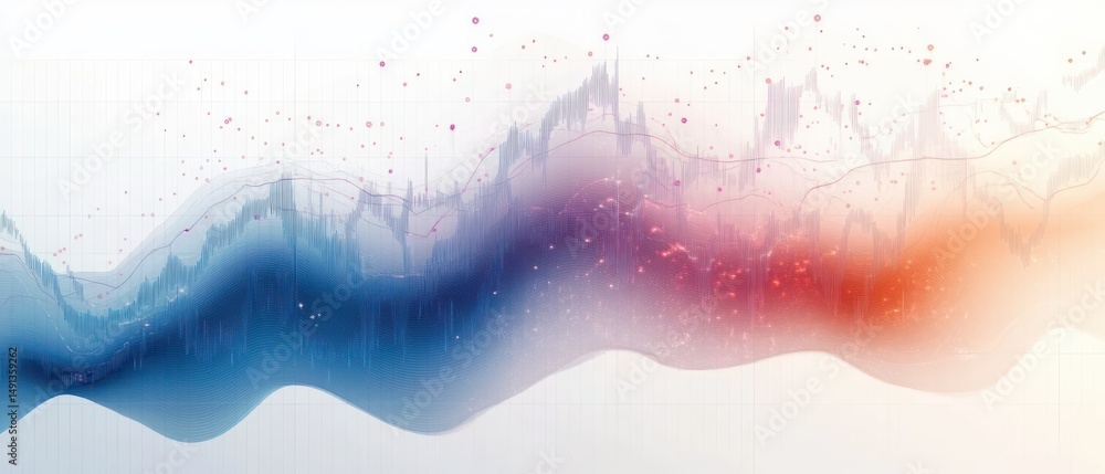 Poster abstract digital wave graph blending blue and orange hues with scattered dots and lines representing