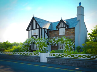 English-style suburban building in a green setting.