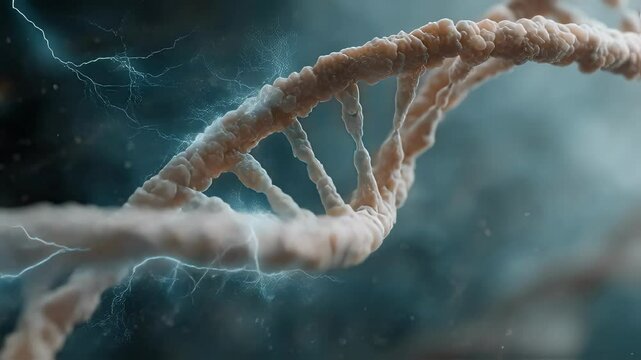 A dramatic representation of a CRISPR tool engaging with a holographic DNA strand with electrical discharges resembling lightning bolts that highlight the intersection of biology and