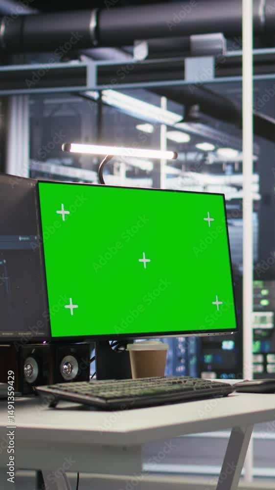 Poster vertical video green screen desktop pc set up in data center overseeing server infrastructure poweri