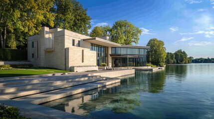 Obraz premium Luxury Lakeside House with Modern Architecture and Stunning Reflection