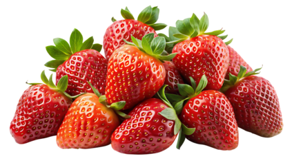 Pile of fresh and ripe red strawberries with green leaves on white