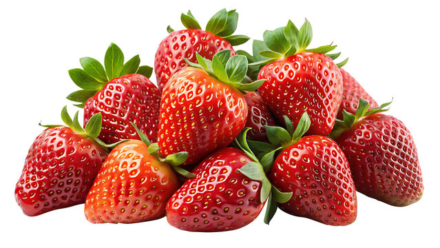 Pile of fresh and ripe red strawberries with green leaves on white