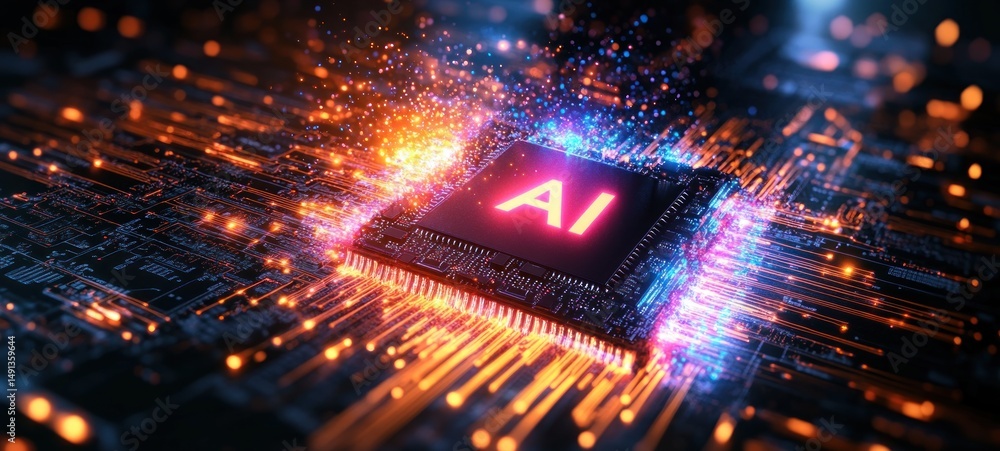 Poster close-up view of a glowing computer chip with neon lights and sparks symbolizing artificial intellig
