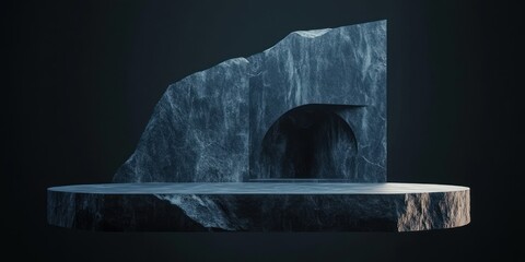 Dark stone platform with a rough textured natural stone backdrop featuring an arched niche illuminated with subtle soft lighting and shadowing to create a mysterious atmosphere
