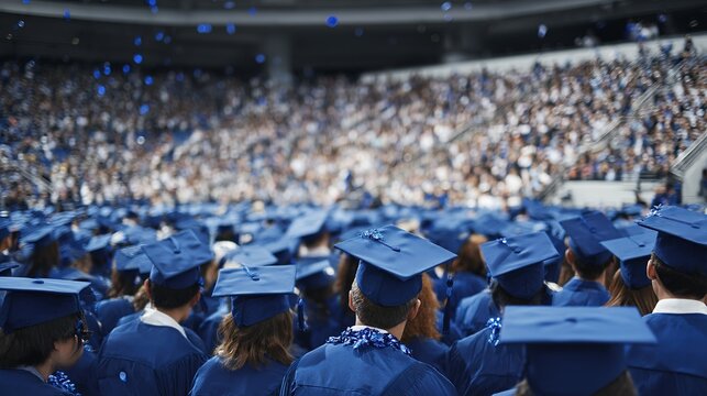 Large graduation crowd in academic regalia, viewed from behind.