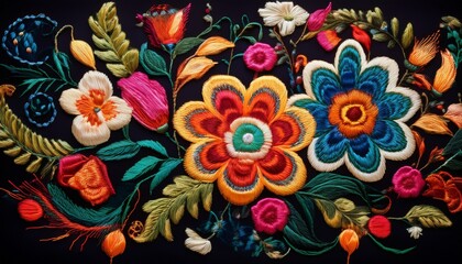 mexican textile broidery floral composition on black background colorful flowers embroidered