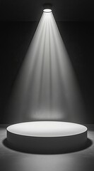 A single spotlight illuminates a circular pedestal in a dark room, creating a dramatic, minimalist scene ideal for showcasing a product or subject