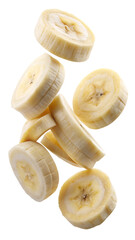 A cascade of sliced bananas suspended in air against a white background