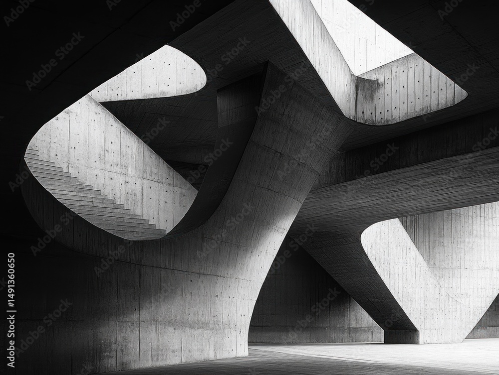 Poster abstract concrete architectural interior with large curving columns and staircases illuminated by na