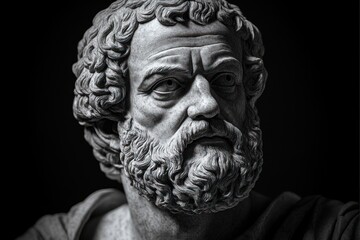 Close-up view of a classical marble bust of a bearded man with curly hair looking thoughtfully to the side on a dark background