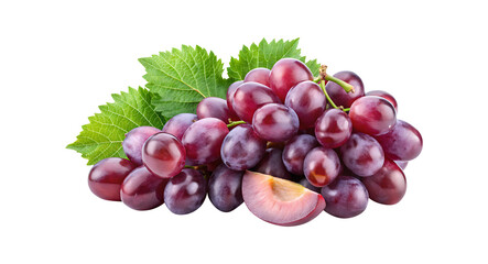 Fototapeta premium Fresh and Juicy Red Grapes with Green Leaves on a White Background
