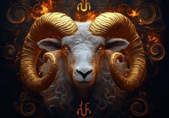 Majestic ram head with large golden curved horns surrounded by fiery swirling patterns on dark background, glowing eyes conveying power and intensity