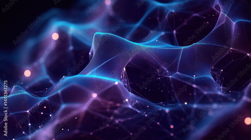 Poster abstract visualization of interconnected glowing blue and purple mesh network with scattered luminou