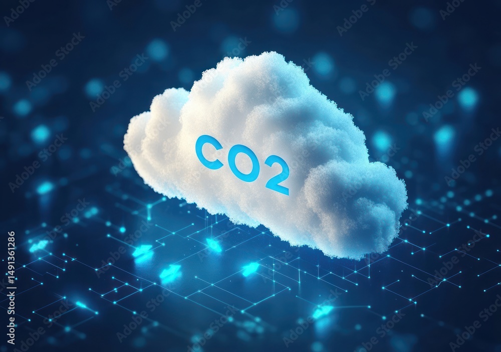 Poster futuristic 3d illustration of a fluffy cloud labeled with co2 floating over a glowing digital grid s