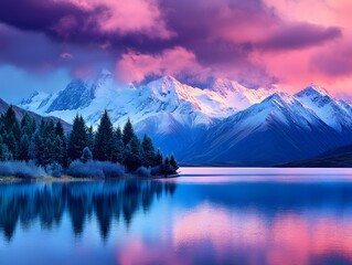 Majestic Sunrise over Snowy Mountains and Calm Lake