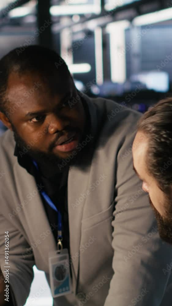 Poster vertical video server farm manager overseeing engineer examining neural network algorithms. data cen