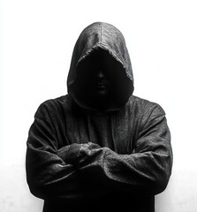 Mysterious person wearing a dark hoodie with the hood up, arms crossed, face mostly obscured in shadow against a white background, conveying secrecy or intimidation