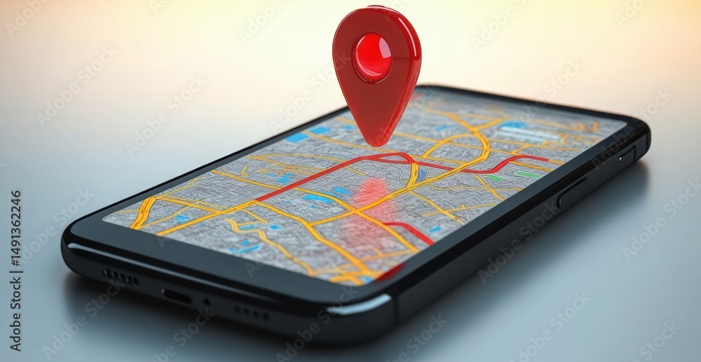 Aufkleber close-up of a smartphone displaying a digital map with roads and waterways, featuring a large red lo