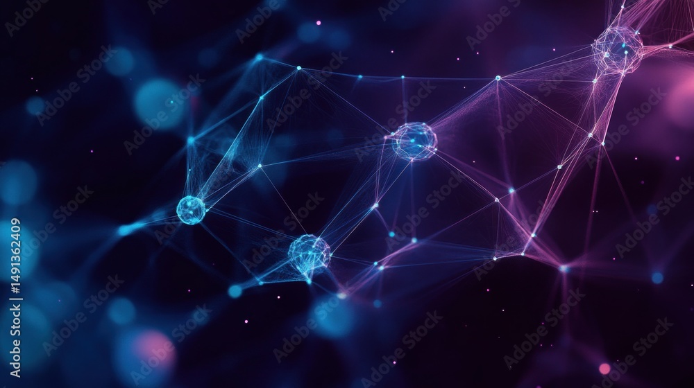 Poster abstract digital network with glowing interconnected nodes and lines in blue and purple hues on a da
