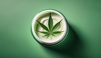 Obraz premium cannabis cream with marijuana leaf on green background promoting natural cosmetics