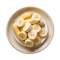 Top down view of a plate of bananas with some banana slices