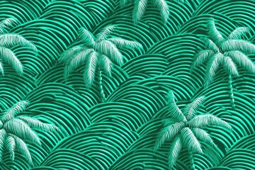 Tropical pattern with stylized palm trees and textured hills.