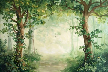 Obraz premium Magical Forest Illustration in Whimsical Kids Style for Nursery Wallpaper