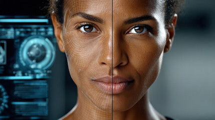 Advanced biometric facial recognition technology and deepfake app concept for security and identification systems