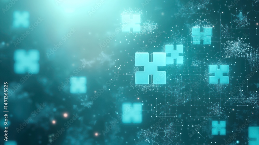 Poster abstract digital background with glowing puzzle pieces and network grid elements in cool blue tones 