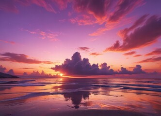 Fiery sunset paints sky with orange, pink, purple hues  Breathtaking horizon , art, photography