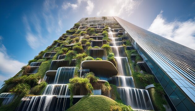a skyscraper with cascading waterfalls built into its structure blending nature and architecture