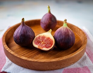 four ripe figs resting on a wooden tray showcasing freshness and vibrant color