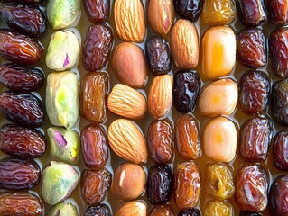 Sweet Dates Almonds Pistachios Nuts Mix Closeup