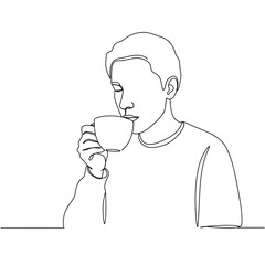 Person holding a cup while drinking thoughtfully in minimalist style  