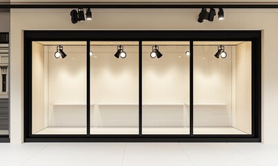 Empty store window display with four sections, black frames, interior spotlights, and beige walls