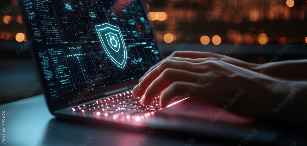 Poster person typing on laptop keyboard with digital shield security icon on screen representing cybersecur