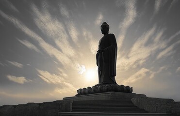 Silhouette of a large standing statue on a lotus pedestal with steps leading up, set against a dramatic sunset sky with scattered clouds