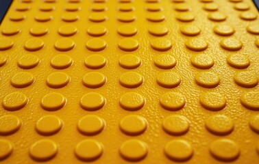 Close-up view of a yellow textured surface with raised circular bumps arranged in a regular pattern conveying safety and tactile navigation